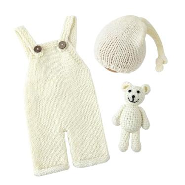 Imagem de Vemonllas Conjunto de fantasia para fotografia de recém-nascidos para meninos e meninas, adereços para fotos de bebê, gorro de urso de crochê, Marfim, newborn