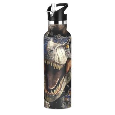 Imagem de Garrafa de água térmica infantil dinossauro com tampa de palha, copo térmico à prova de vazamento de aço inoxidável garrafa de água jurássica para esportes e viagens, escola, 590 ml