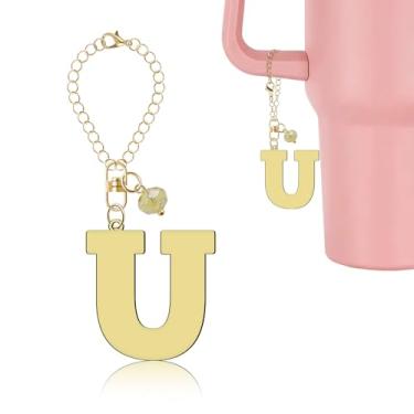 Imagem de Lukiisoo Corrente de garrafa de água dourada com pingente de cristal fofo, acessórios de pingente de letra para copo Stanley com alça, chaveiro inicial personalizado para carteira, mochila e pingente