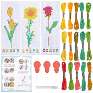 Imagem de SUNNYCLUE 3 conjuntos de marcadores de página kit de ponto de cruz kits de fabricação de marcadores de livro flor planta primavera bordado marcas de livro com instruções de papel projetos cruzados