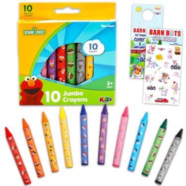 Imagem de Sesame Street Giz de cera jumbo para crianças pequenas – Pacote com 10 utensílios de colorir grossos para crianças com Elmo para salas de aula | Conjunto de giz de cera Sesame Street para iniciantes