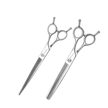 Imagem de Conjunto de tesouras profissionais para animais de estimação SnipStar, Aço JP440C 7,5 polegadas retas e tesouras de diluição de 6,5 polegadas para cuidados de cães, taxa de diluição de 25%
