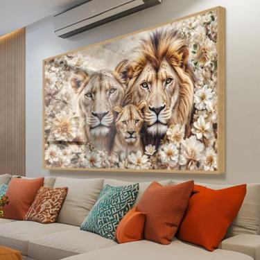 Imagem de Quadro decorativo florido família de Leão com um filhote - MeMoldura, 
