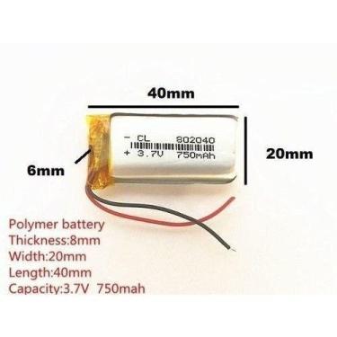 Imagem de Bateria 802040 3.7v  750 Mah   8mm X 20mm X 40mm  Com 2 Fios - bgb