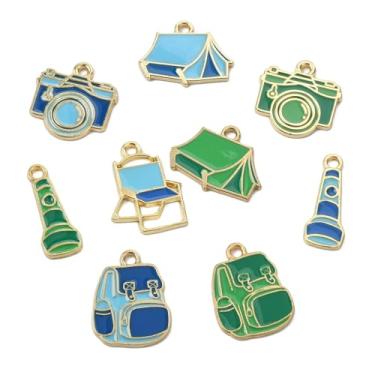 Imagem de UR URLIFEHALL 40 peças, 10 estilos, pingentes de acampamento esmaltados, tema de viagem, colorido, para câmera, lanterna, pingentes para chaveiro, pendurar ornamento, fabricação de joias