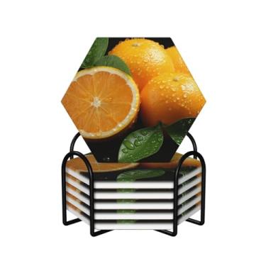 Imagem de Porta-copos para bebidas, conjunto de 6 porta-copos redondos absorventes de cerâmica antiderrapante com suporte e base de cortiça, tapete de copo reutilizável cortado laranja para tipos de xícara