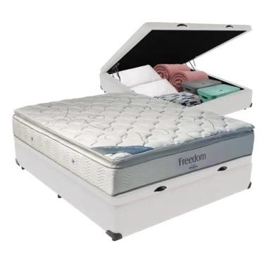 Imagem de Cama Box Báu Casal Sintético Branco + Colchão de Molas Ensacadas Freedom - Estrutura Reforçada - Imperium do Sono