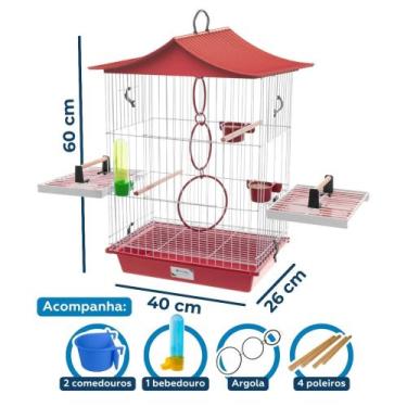 Imagem de Gaiola para Calopsita e Pássaros Domésticos com poleiro laterais Teto 