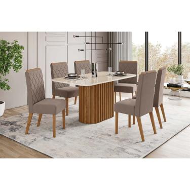 Imagem de Conjunto: Mesa Sala Jantar Solana c/ Tampo Madeirado c/ Vidro Curvo 160x90cm e 6 Cadeiras Nina Nature/Suede Light Marrom Amêndoa - Henn