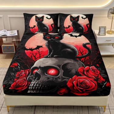 Imagem de AILONEN Jogo de lençol solteiro de gato preto, caveira gótica, rosa vermelha e preta, lua e gato, lençol com elástico macio para meninos e meninas com 2 fronhas, 3 peças