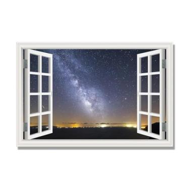 Imagem de NHLDZYH Janela de arte de parede impressa em tela. Visualização de janela falsa. Impressão de imagem natural em tela. Arte de parede para sala de estar (Céu estrelado à noite 03) Moldura interna
