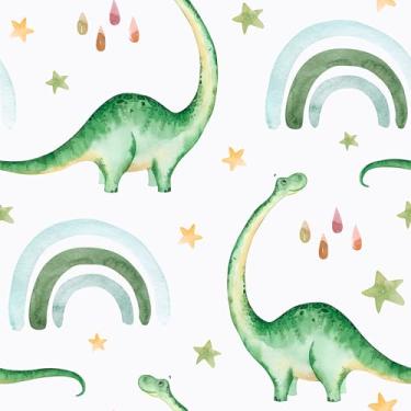 Imagem de EaseStick Papel de parede de dinossauro diplódoco de 45 x 406 cm, papel de parede verde e branco, papel de parede de berçário para quarto, decoração de parede de dinossauro, autoadesivo, removível