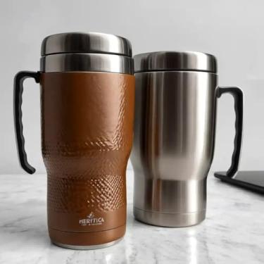 Imagem de Caneca Térmica Parede Dupla em Aço Inox Marrom 1000ml com Tampa Hermética - Estilo Texturizado