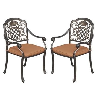 Imagem de 2 peças de cadeiras de jantar de pátio com almofadas, cadeiras de alumínio fundido para uso ao ar livre, conjunto de 2 cadeiras de jantar de bistrô para jardim e quintal, bronze escuro