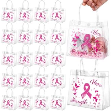 Imagem de Gersoniel Pacote com 50 sacos de presente de PVC para conscientização do câncer de mama, sacolas de presente de fita rosa com alças e força, para mulheres, tema de caridade, suprimentos de festa de