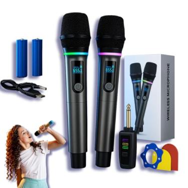 Imagem de Microfone de mão profissional sem fio duplo RGB, tecnologia UHF. Ideal para karaokê, festas, eventos, palestras, igreja e entretenimento familiar – Qualidade Premium LNSTORE