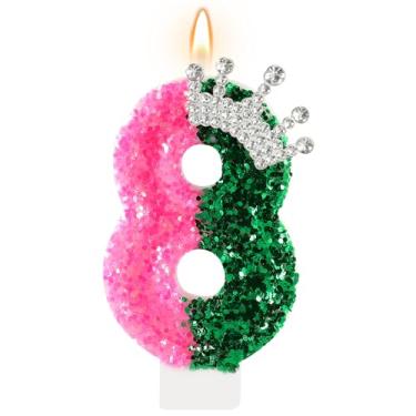 Imagem de AKURIEEY Wicked Birthday Candle Crown Number 8 Candle Pink and Green 8th Birthday Cake Topper Decorações Wicked Themed Party Decor Anniversary Celebrations Supplies