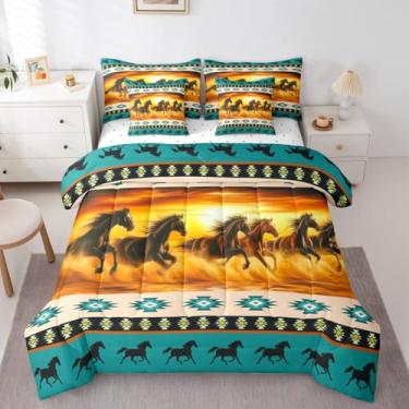 Imagem de Feelyou Conjunto de cama Queen com cavalo galopante, 7 peças, para decoração de crianças, meninos, meninas, sudoeste, asteca, boêmio, rústico, selvagem, fazenda, verde, para decoração de quarto