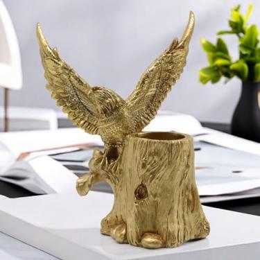Imagem de Estátua criativa de resina de águia, suporte de caneta, toco de árvore, estatuetas colecionáveis, sala de estar, casa, escritório, escritório, decoração de mesa, ornamento, presente (dourado)