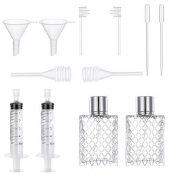 Imagem de Pacote com 2 frascos de perfume de spray de vidro recarregáveis, 50 ml, frasco atomizador de névoa fina, vazio, portátil, recipiente de óleo essencial de vidro transparente com 10 peças de ferramentas