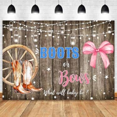 Imagem de Sensfun Botas ou laços, pano de fundo revelador de gênero para meninos ou meninas, decorações de festa de chá de bebê, botas de caubói de madeira rústica, arco rosa, fundo fotográfico, faixa de