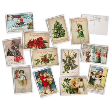 Imagem de Cartões postais de Natal antigos de amigos retrô em cartolina texturizada antiga de luxo - 24 cartões postais de Natal vintage - 12 cartões de ilustração de férias sortidos