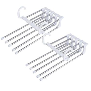 Imagem de Kit 2 Cabide Multifuncional 5 Divisórias Retrátil Inox – Organizador Vertical Horizontal que Economiza Espaço no Guarda-Roupa – Ideal para Calças, Bermudas, Saias, Gravatas (Branco)