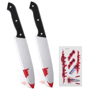 Imagem de 2 peças de adereços de faca falsa de Halloween com 7 adesivos de tatuagem, adereço de faca sangrenta de plástico realista para suprimentos de festa à fantasia de Halloween, cosplay de filme de terror
