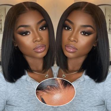 Imagem de GUDOZO Bob Peruca de cabelo humano 35,5 cm sem cola, cabelo humano pré-cortado pré-cortado 9x6 HD Lace Front 200% densidade sem cola, perucas de cabelo humano curto liso Bob perucas para mulheres
