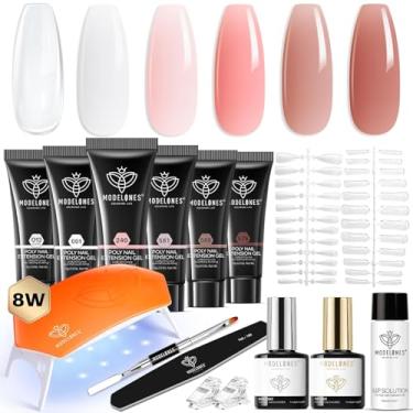Imagem de modelones Poly Nail Gel Kit 6 Colors with 8 W Lamp Nail Extension Gel Kit Nude Clear Pink Natural Complete for Beginner Thickening Solutions DIY at Home for Women