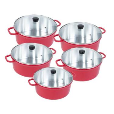 Imagem de Jogo de Panelas 5 Peças Cava em Alumínio Fundido Vermelho 16 a 24cm Tampa de Vidro Temperado Cor Vermelha