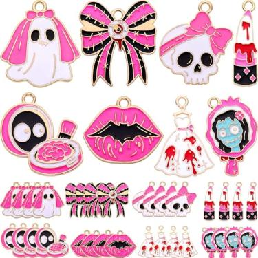Imagem de Anjulery Pingentes esmaltados de Halloween, conjunto de metal com 32 peças, 8 designs góticos pastel rosa e preto para fabricação de joias, chaveiros, tiras de telefone (noiva fantasma, caveira, batom
