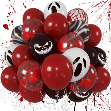 Imagem de Halloween Bloody Balloons 12 Inch 51 Pcs Red and Black Scary Balloons with Ghost Expression Print Balloon Crimson Vivid Red Blood Hand Marble Balloon for Spooky Haunted House Scream Creepy Decor