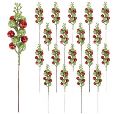 Imagem de DIYASY Hastes artificiais de baga, 20 peças, galhos artificiais, enfeite de árvore de Natal, guirlanda, decoração de casa, vermelho e verde, 19 cm