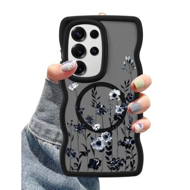 Imagem de Aitipy Capa para celular compatível com MagSafe para Samsung Galaxy S24 Ultra, linda ondulada, preta, estampa floral, design magnético, capa protetora de silicone macio e TPU para mulheres e meninas