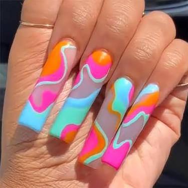 Imagem de RTKHFZE Unhas de pressão - unhas postiças longas quadradas, extralongas, 24 peças (design de redemoinho, ponta francesa)