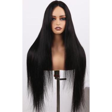 Imagem de ManeMajesty Perucas frontais de renda de 86 cm, cabelo humano liso, sem cola, cabelo humano pré-arrancado, pré-cortado, parte em T, HD, peruca frontal de renda, densidade de 180%, peruca preta natural