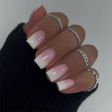Imagem de RTKHFZE Unhas quadradas curtas, gradiente branco para goma, unhas postiças quadradas, comprimento curto, cola em unhas artificiais, ombré, unhas falsas francesas, cobertura total (branco e rosa)