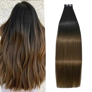 Imagem de WindTouch Extensões de cabelo com fita adesiva Balayage natural preto a marrom para mulheres negras - Remy humano real grosso liso sem emaranhado #1bt4 50 g 45 cm 20 peças