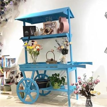 Imagem de Grande Carrinho De Flores De 3 Camadas, Plantador De Madeira Maciça Para Vasos De Flores, Carrinho De Carrinhos Para Plantas, Expositor Para Decoração De Jardim, Blue