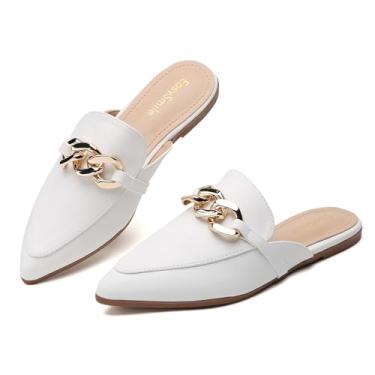 Imagem de EasySmile Mules planas para decoração de corrente de metal para mulheres, bico fino, fechado, mocassins sem cadarço, sem costas nuas, sapatos mules, Corrente de metal branca, 37