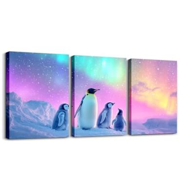 Imagem de Arte de parede de pinguim 3 peças, estampa de pôsteres de animais de safári fofos da família pinguim para meninos, adolescentes e adultos, estampa de arte de parede com céu estrelado de aurora
