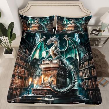 Imagem de Jogo de lençol com elástico dragão mágico, livros vintage, grade geométrica, para crianças, adolescentes e adultos, capa de cama estilo ocidental dragão verde selvagem com 1 fronha (sem lençol de cima