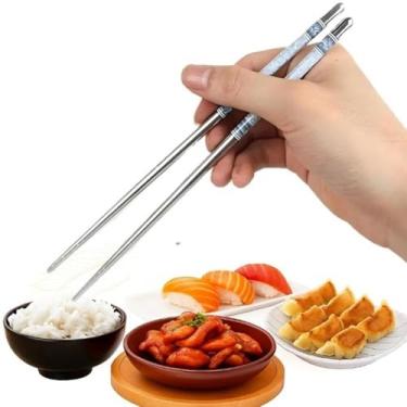 Imagem de Kit 2 Pares de Hashi Inox Metal 23cm Reutilizável Higiênico Durável e Não Escorrega (4 palitos)