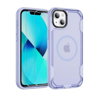Imagem de AKINIK Capa de telefone magnética 2 em 1, adequada para iPhone 13/14, com 2 películas de vidro HD, capa de telefone à prova de choque (roxo claro/violeta claro)