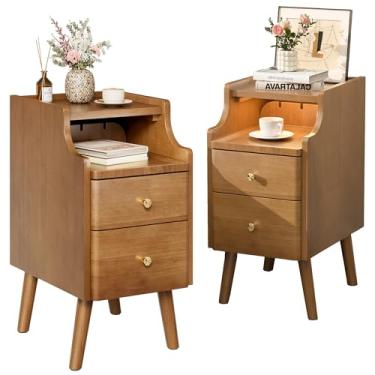 Imagem de Conjunto de 2 mesas de cabeceira estreitas, mesa de cabeceira de madeira maciça com 2 gavetas, mesa de cabeceira moderna de nogueira de meados do século, pequena mesa ao lado com prateleira de