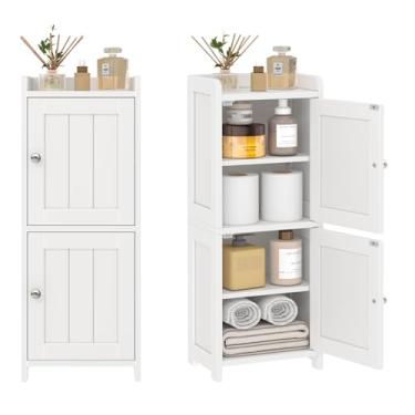 Imagem de MOGELAFOO Armário de banheiro pequeno, armário de canto independente de 76 cm de altura com 2 portas e 5 prateleiras (2 ajustáveis), organizador estreito de suporte de papel higiênico para espaços