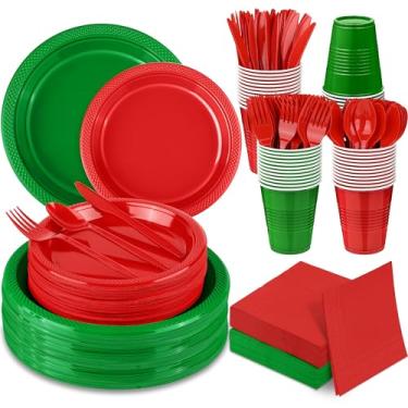 Imagem de Aodaer 400 peças de utensílios de jantar de plástico vermelho verde inclui pratos, copos, facas, garfos, colheres, guardanapos de papel para festas de casamento, aniversário, Natal, serve 50