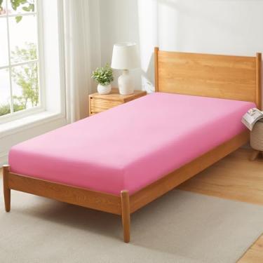 Imagem de Vonty 1 lençol de cama rosa de 78,7 cm x 190,5 cm - 1800 fios de microfibra, lençol com elástico respirável e macio, adequado para cama de beliche solteiro estreito