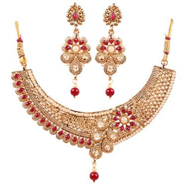 Imagem de Conjunto de colar feminino em tom dourado com strass e aparência de polki Kundan tradicional e moderna da Touchstone Indian Bollywood Vermelho